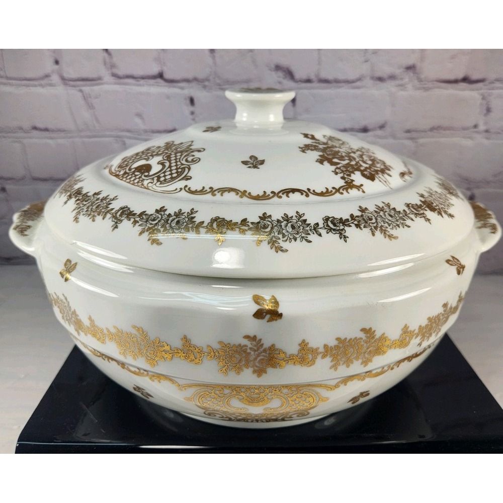 RARE Vintage Pate de LIMOGES France Hand Painted Covered Serving Dish Bowl Gold